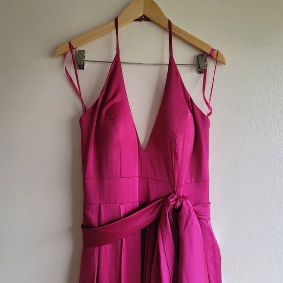 Ieena for Mac Duggal,Charmeuse Halter Strap Soft Tie Waist Gown, Magenta, Size 6 - Picture 7 of 10